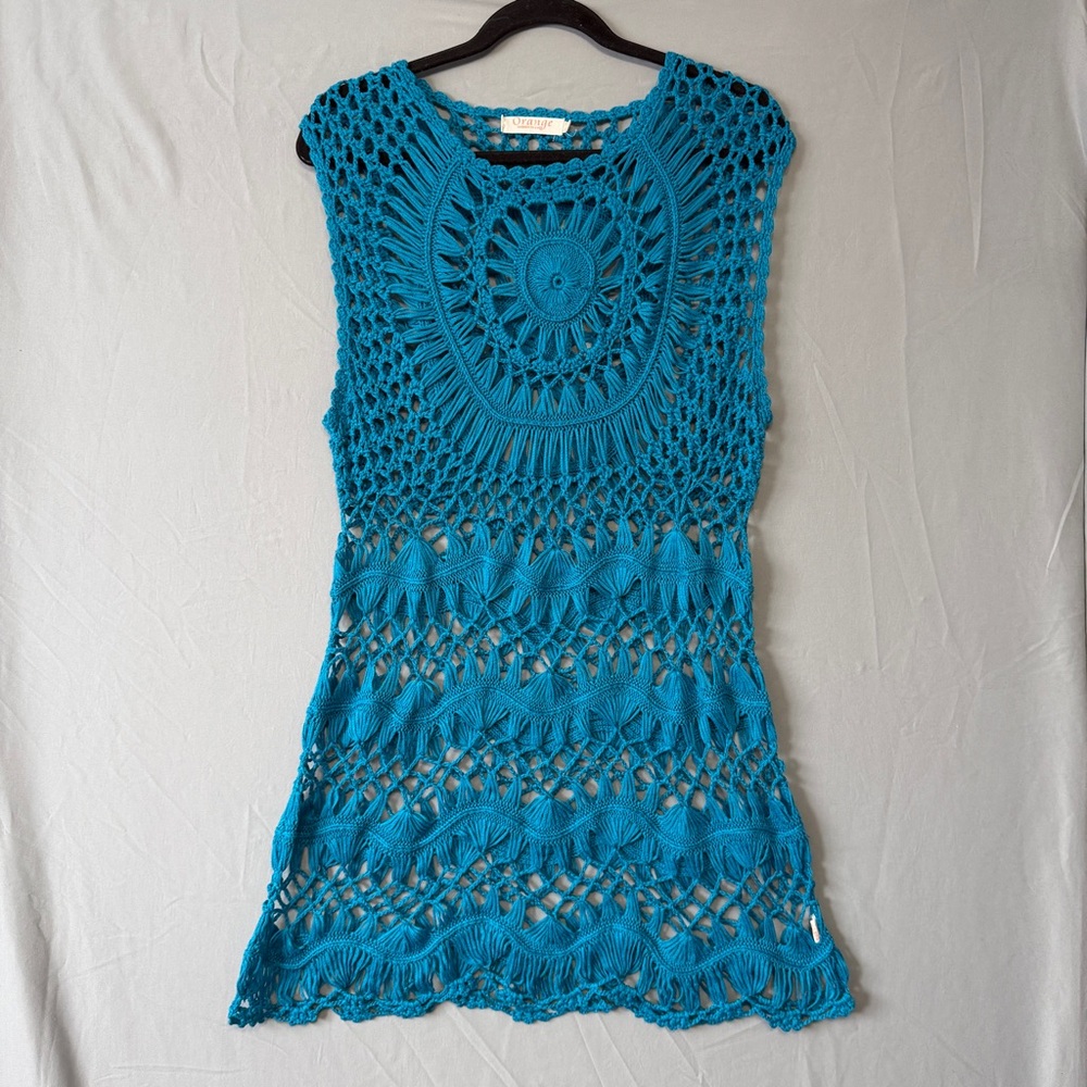 Orange Fashion Village Boho Crochet Dress Size S/M Blue Cover Up Tropical Beach